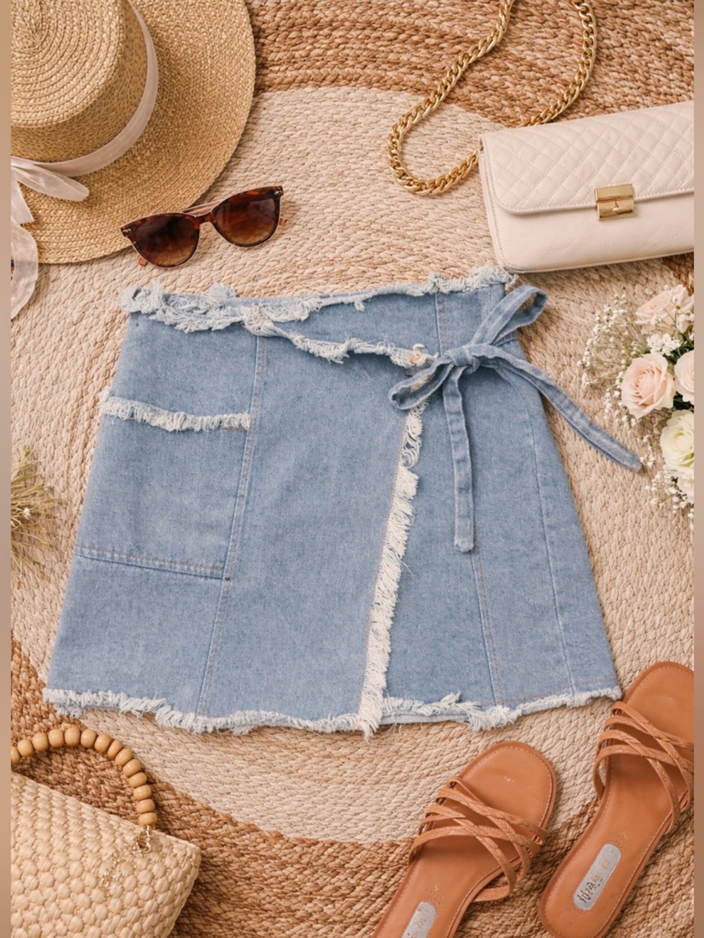 Loveriche Denim Wrap Skirt Small Light Wash Frayed Raw Hem Mini Boho Festival - Picture 3 of 8